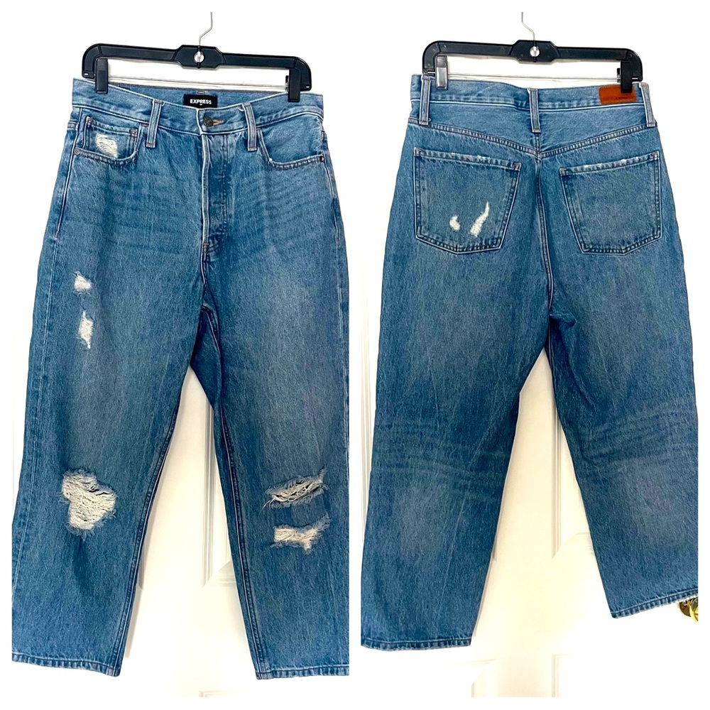 Express High Rise Dad Jean Sz 8 Medium Wash 100% Cotton Distressed